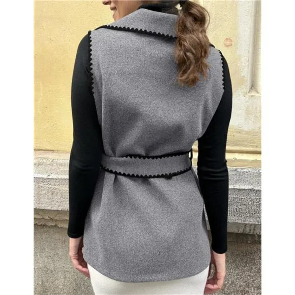 Women's Fall Tweed Vest Jackets Sleeveless Lapel Button Front Belt Cardigan_2